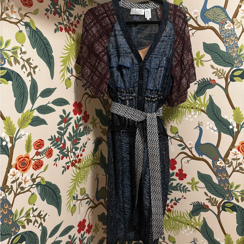 Byron Lars Blue and Burgundy 3D Laser Cut Shirt Dress